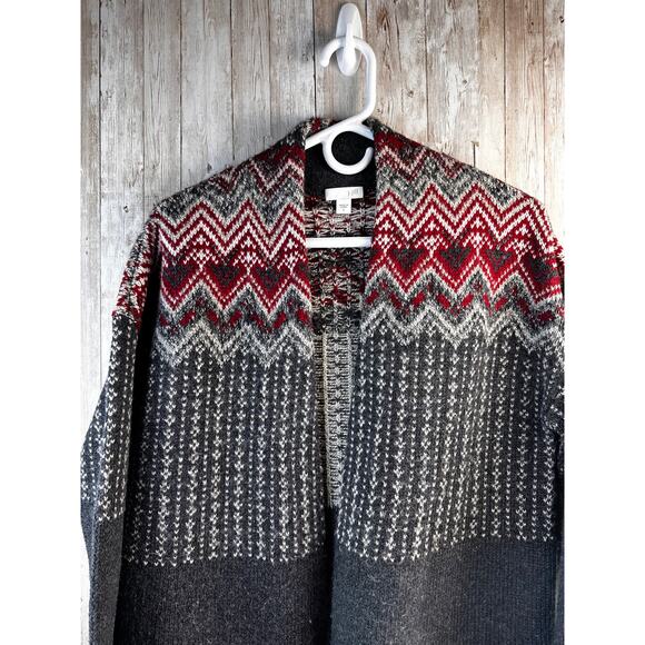 J. Jill Newbury Longline Cardigan Woemens S Gray Red Fair Isle Wool Blend Topper - Picture 3 of 7
